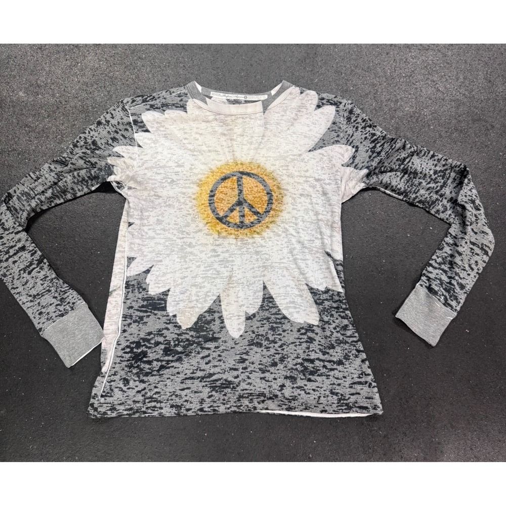 Before Again Woman Peace Sign Daisy Burnout Thermal Lg Sleeve Shirt Grey L Boho